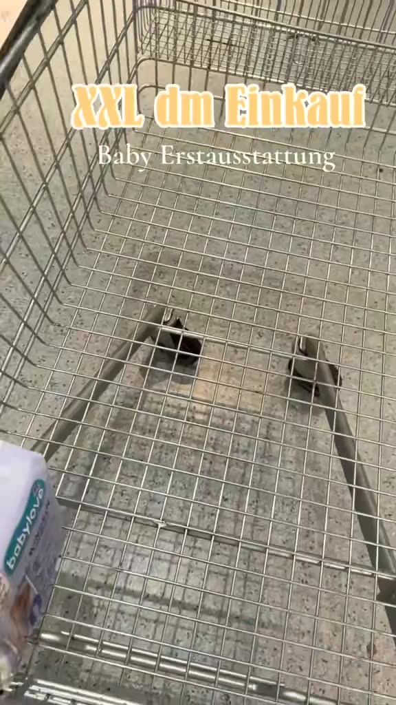Eine Hand hält eine Packung Babywindeln im Einkaufswagen